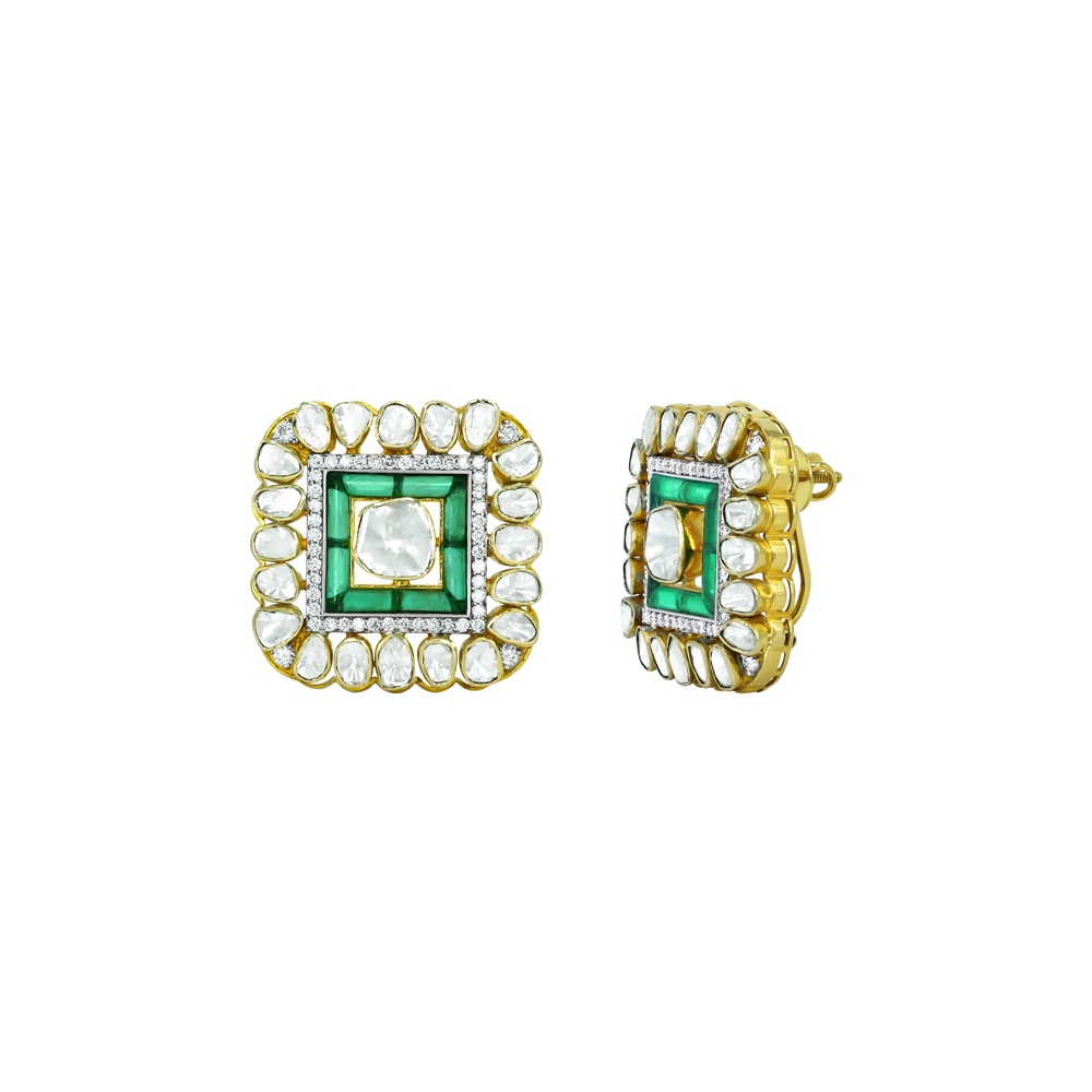 Square Polki Studs with Green Talaf